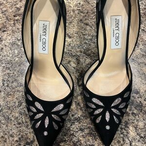 Jimmy Choo Black and Silver Floral Heels